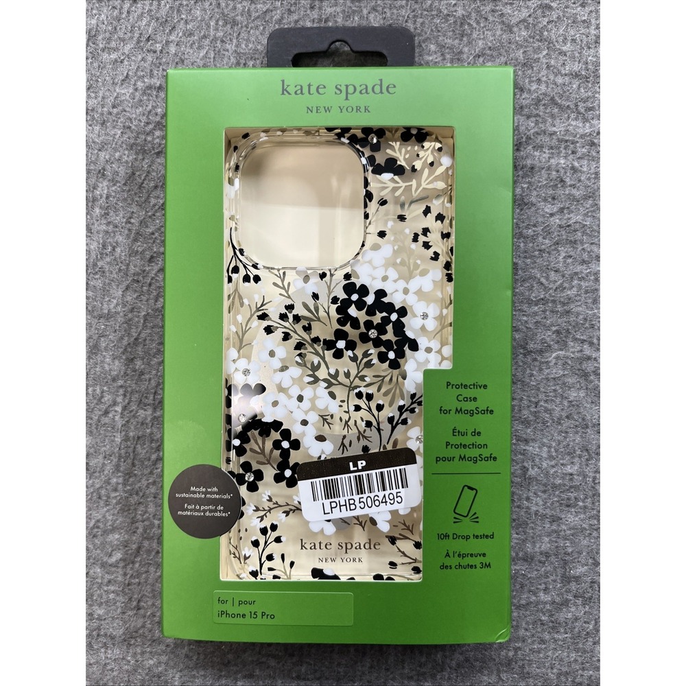 Kate Spade New York Case for iPhone 15 Pro w/MagSafe Black & White Floral w/Gems